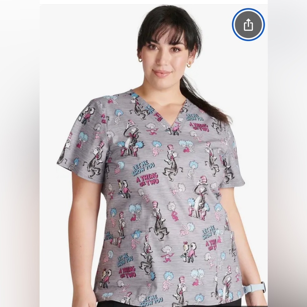 Tooniforms Dr. Seuss Cat in the Hat XS Scrub Top Short Sleeve Front pockets